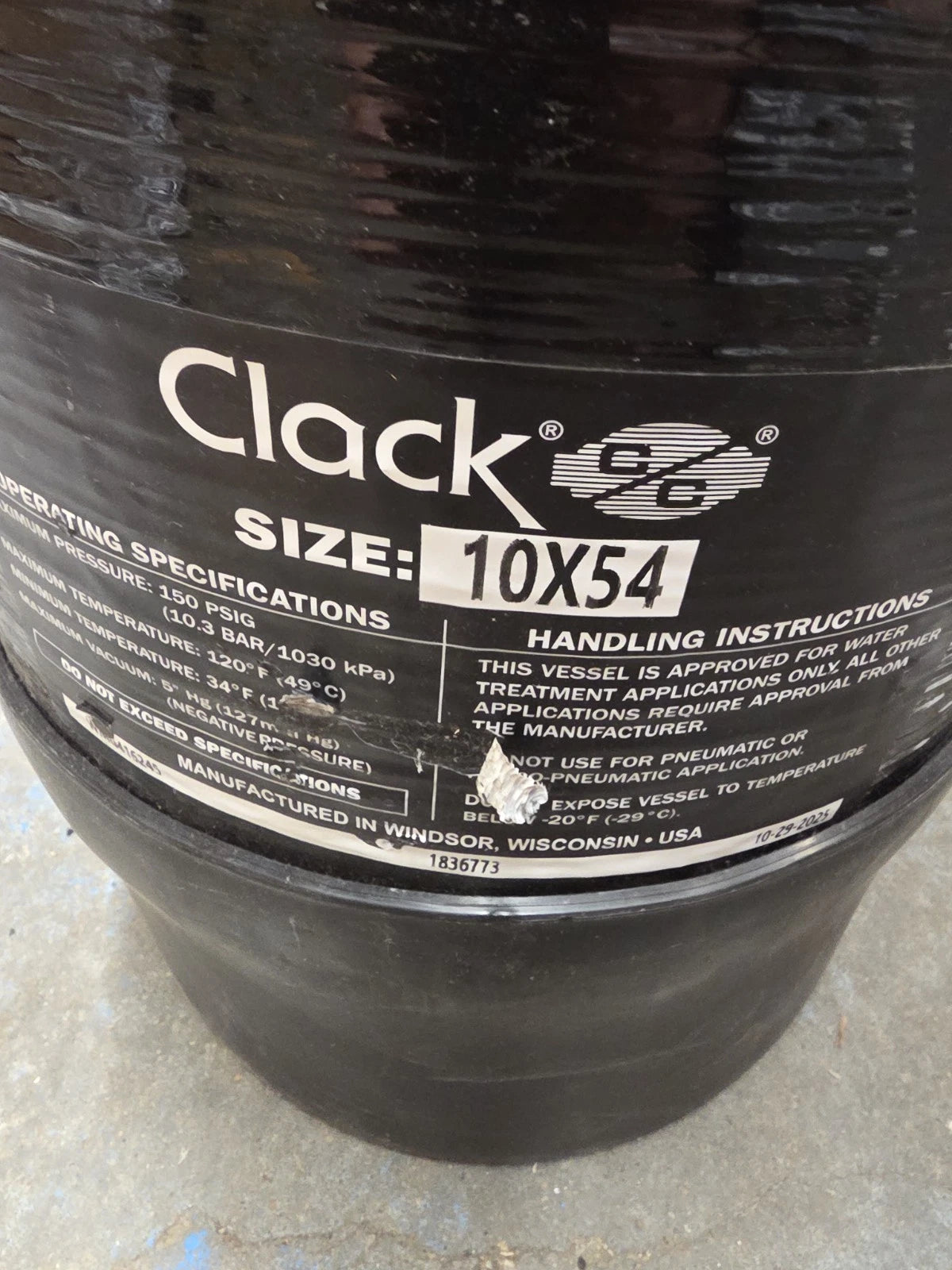 Clack 10x54 Water Softener Mineral Resin Tank Vessel 150 PSI Black